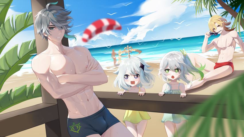 +_+, 2boys, 2girls, alhaitham_(genshin_impact), anjingxiang, aqua_eyes, beach, black_male_swimwear
