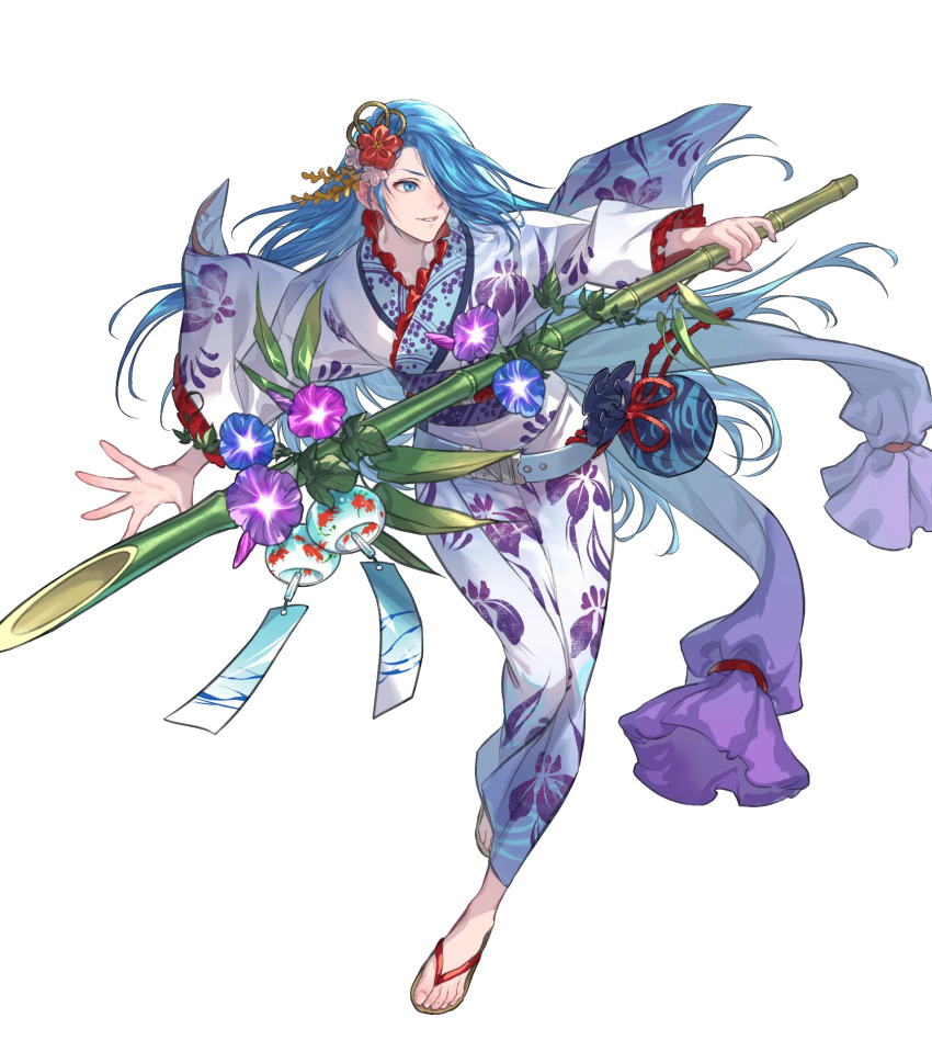 1girl, alternate_costume, bamboo, blue_eyes, blue_hair, feet, female_focus, fire_emblem, fire_emblem:_path_of_radiance, fire_emblem_heroes, hair_over_one_eye, highres, japanese_clothes, kimono, long_hair, lucia_(fire_emblem), lucia_(yukata)_(fire_emblem), matching_hair/eyes, nintendo, non-web_source, official_alternate_costume, official_art, parted_lips, sandals, smile, solo, suzuki_rika, toes, yukata
