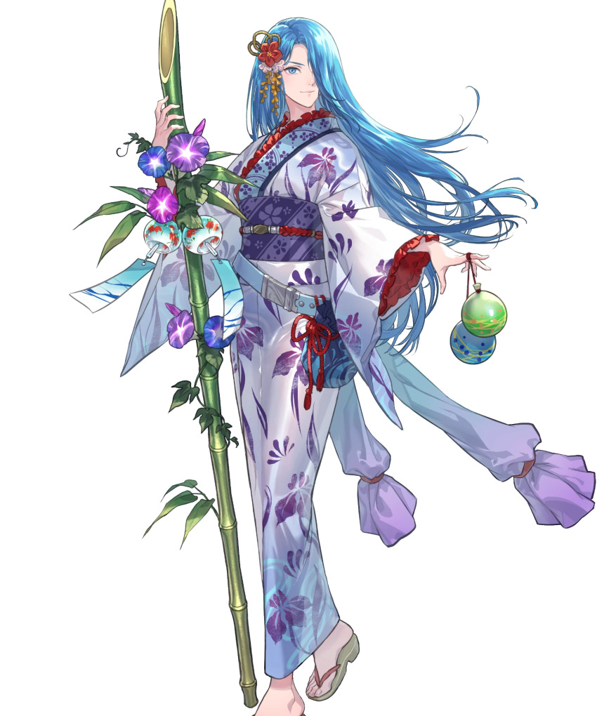 1girl, alternate_costume, bamboo, blue_eyes, blue_hair, feet, female_focus, fire_emblem, fire_emblem:_path_of_radiance, fire_emblem_heroes, full_body, hair_over_one_eye, highres, japanese_clothes, kimono, long_hair, lucia_(fire_emblem), lucia_(yukata)_(fire_emblem), matching_hair/eyes, nintendo, non-web_source, official_alternate_costume, official_art, sandals, solo, standing, suzuki_rika, toes, yukata