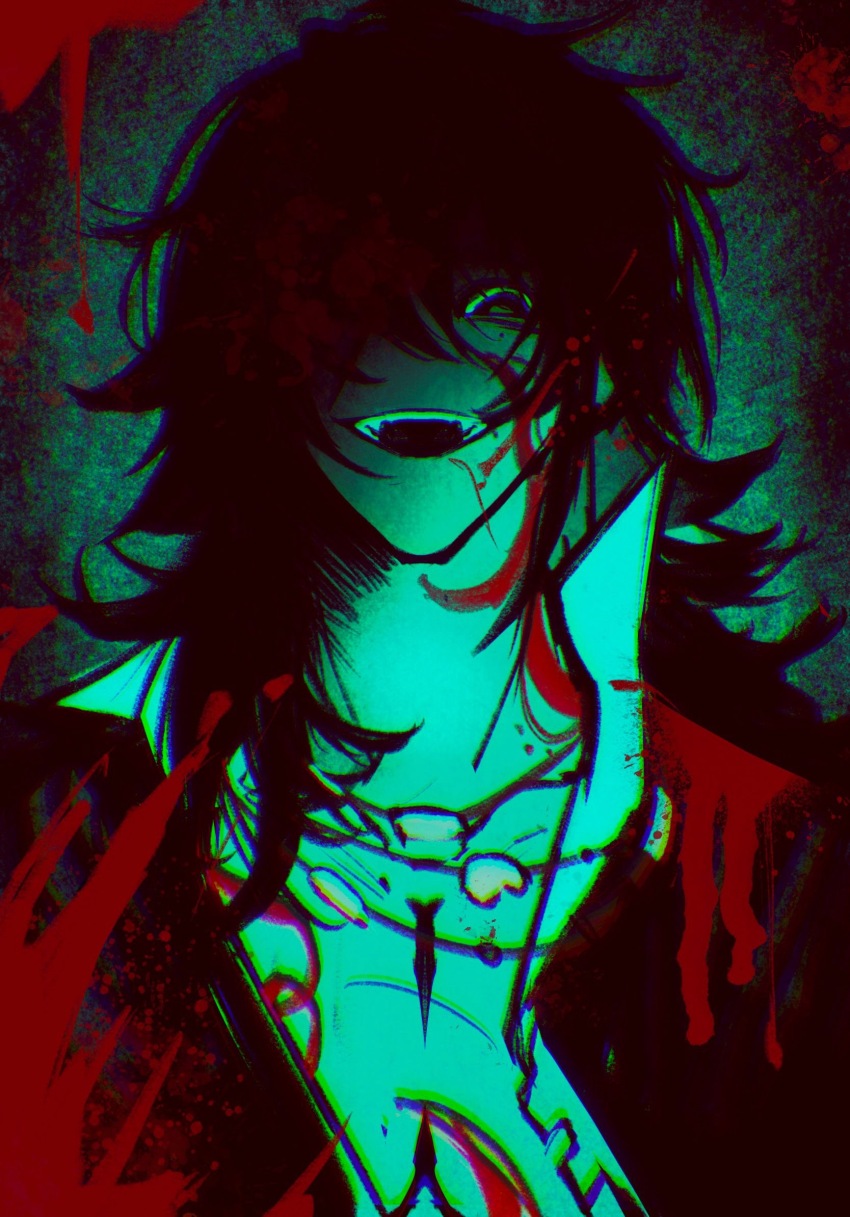 1boy, black_hair, black_jacket, blood, blood_on_clothes, chest_tattoo, chinese_commentary, commentary_request, facial_tattoo, highres, hnxxgwx, jacket, long_hair, male_focus, mole, mole_under_eye, neck_tattoo, open_clothes, open_jacket, open_mouth, open_shirt, smile, solo, tattoo, touqi_guaitan, zhao_yuwen