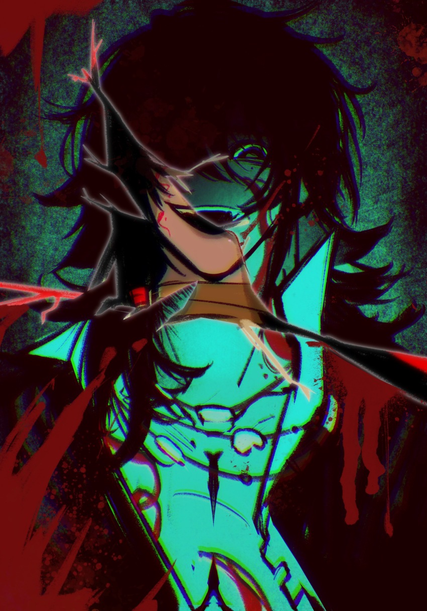 2boys, black_hair, black_jacket, blood, blood_on_clothes, chest_tattoo, chinese_commentary, commentary_request, crack, facial_tattoo, highres, hnxxgwx, jacket, long_hair, male_focus, mole, mole_under_eye, multiple_boys, neck_tattoo, open_clothes, open_jacket, open_mouth, open_shirt, smile, tattoo, touqi_guaitan, zhao_yuwen, ziche_fuzhao