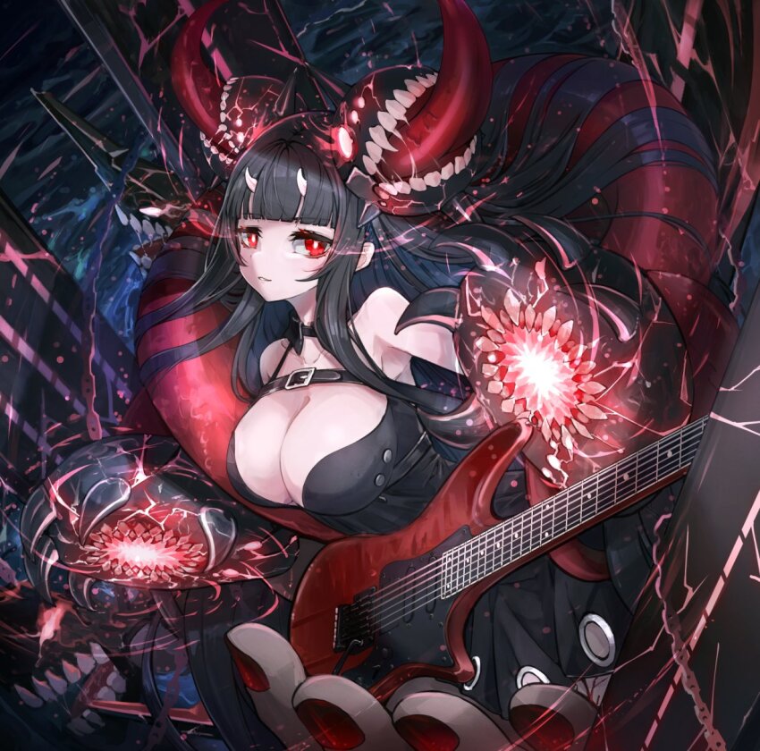 1girl, abyssal_ship, atoll_aircraft_carrier_anchorage_princess, bare_shoulders, black_dress, black_hair, blunt_bangs, breasts