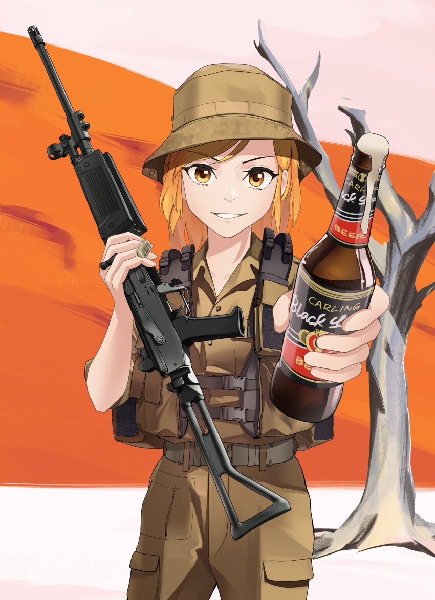 >:), 1girl, absurdres, alcohol, army, assault_rifle, beer, blonde_hair