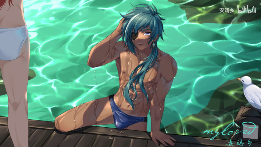 2boys, abs, anjingxiang, ass, bird, blue_hair, blue_male_swimwear, bulge, dark-skinned_male, dark_skin, diluc_(genshin_impact), earrings, eyepatch, genshin_impact, hair_between_eyes, highres, jewelry, kaeya_(genshin_impact), long_hair, male_focus, male_swimwear, multicolored_hair, multiple_boys, muscular, muscular_male, navel, nipples, open_mouth, purple_eyes, stomach, topless_male