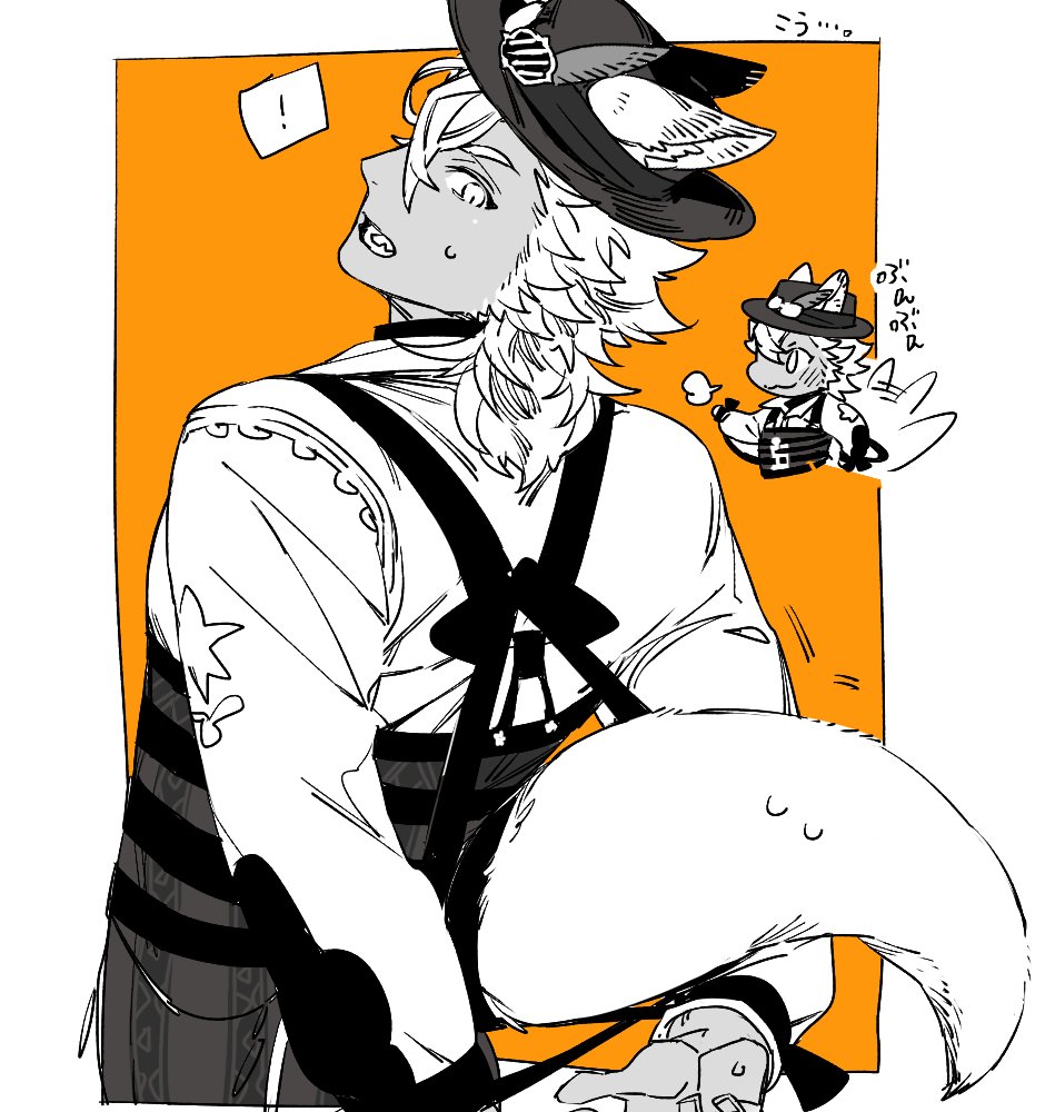 1boy, animal_ears, bound, chibi, chibi_inset, corset, ears_through_headwear, fangs