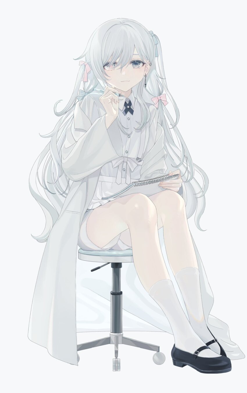 1girl, black_footwear, blue_bow, blue_eyes, bow, chair, closed_mouth, collared_shirt, ear_piercing, earrings, full_body, hair_bow, hand_up, highres, holding, holding_sketchbook, iei000, jewelry, kneehighs, long_hair, looking_at_viewer, on_chair, original, piercing, pink_bow, shirt, shorts, simple_background, sitting, sketchbook, socks, solo, white_background, white_hair, white_shirt, white_shorts, white_socks