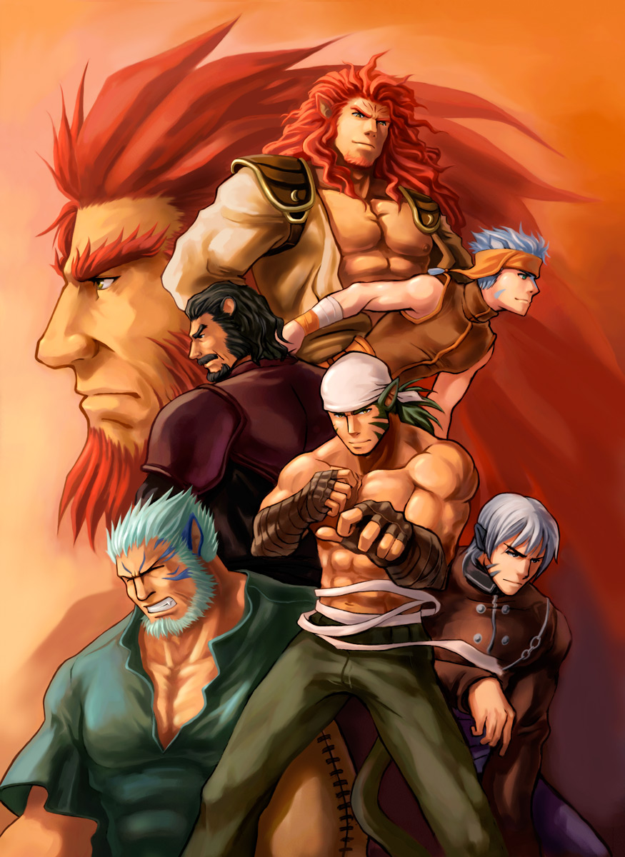 6+boys, abs, animal_ears, bara, bare_pectorals, beard, blue_hair, caineghis_(fire_emblem)