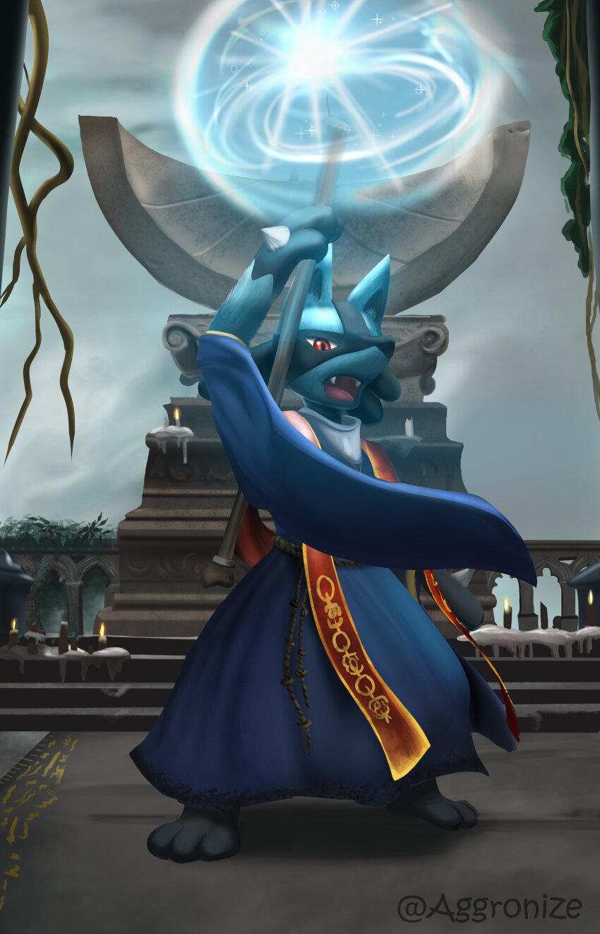 absurdres, black_fur, blue_fur, blue_robe, casting_spell, elden_ring, fangs, full_body