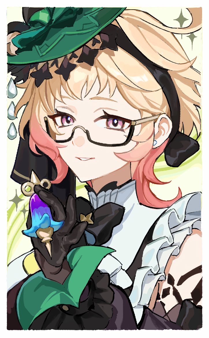 1girl, 42u16, black_bow, black_gloves, blonde_hair, border, bow, detached_sleeves