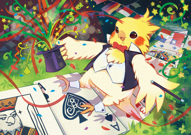 ace_(playing_card), ace_of_diamonds, ace_of_spades, animal_focus, bird, bow, bowtie, card, cockatiel, confetti, diamond_(shape), era_(traveling_bird), fishball, hat, no_humans, original, playing_card, queen_(playing_card), queen_of_diamonds, spade_(shape), themed_playing_card, top_hat, wand, wrist_cuffs