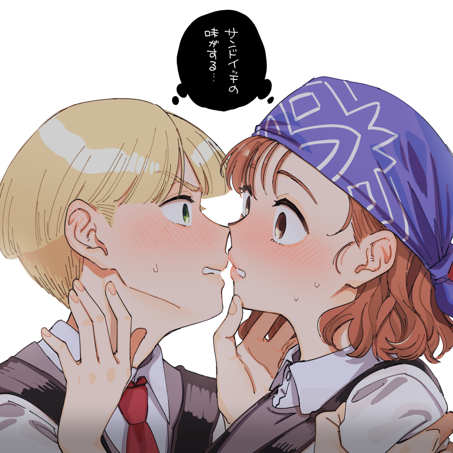 2girls, akane_daisuke, bandana, blonde_hair, blush, bob_cut, brown_eyes, brown_hair, collared_shirt, commentary_request, green_eyes, gunparade_march, kiss, mori_seika, multiple_girls, necktie, shirt, short_hair, speech_bubble, translated, white_background, white_shirt, yukataro, yuri