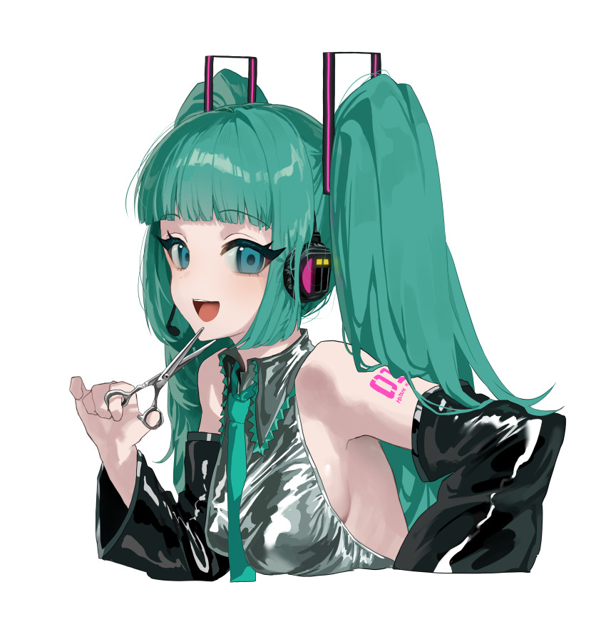 1girl, :d, absurdres, alternate_bangs, aqua_hair, aqua_necktie, arm_tattoo, armpits, bare_shoulders, between_breasts, black_sleeves, blue_eyes, blunt_bangs, breasts, collared_shirt, commentary_request, cropped_torso, detached_sleeves, frilled_shirt_collar, frills, from_side, grey_shirt, hair_intakes, hair_ornament, hand_up, hatsune_miku, headset, highres, holding, holding_scissors, long_hair, long_sleeves, looking_at_viewer, necktie, number_tattoo, open_mouth, scissors, shiny_clothes, shirt, simple_background, sleeveless, sleeveless_shirt, smile, solo, tachibana_wataru_(123tsuki), tattoo, teeth, tongue, twintails, upper_teeth_only, vocaloid, white_background