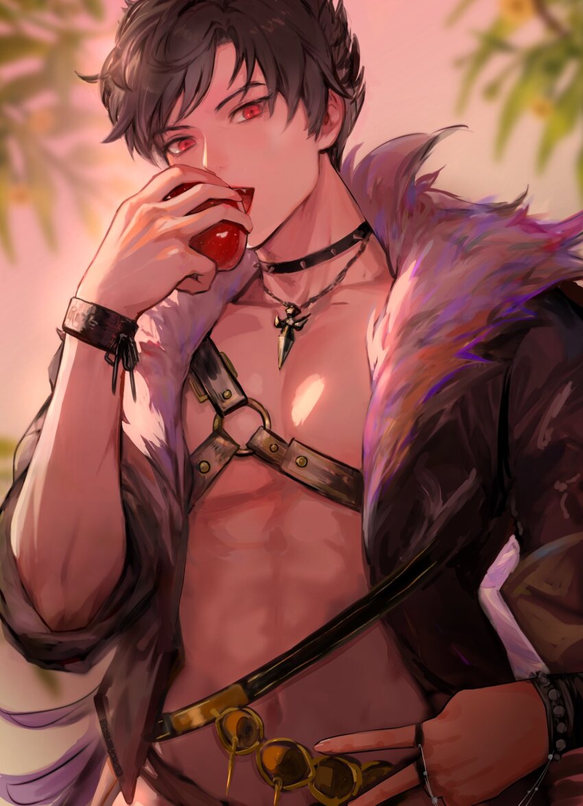 1boy, abs, alternate_costume, apple, belial_(granblue_fantasy), belial_(summer)_(granblue_fantasy), belt, black_belt