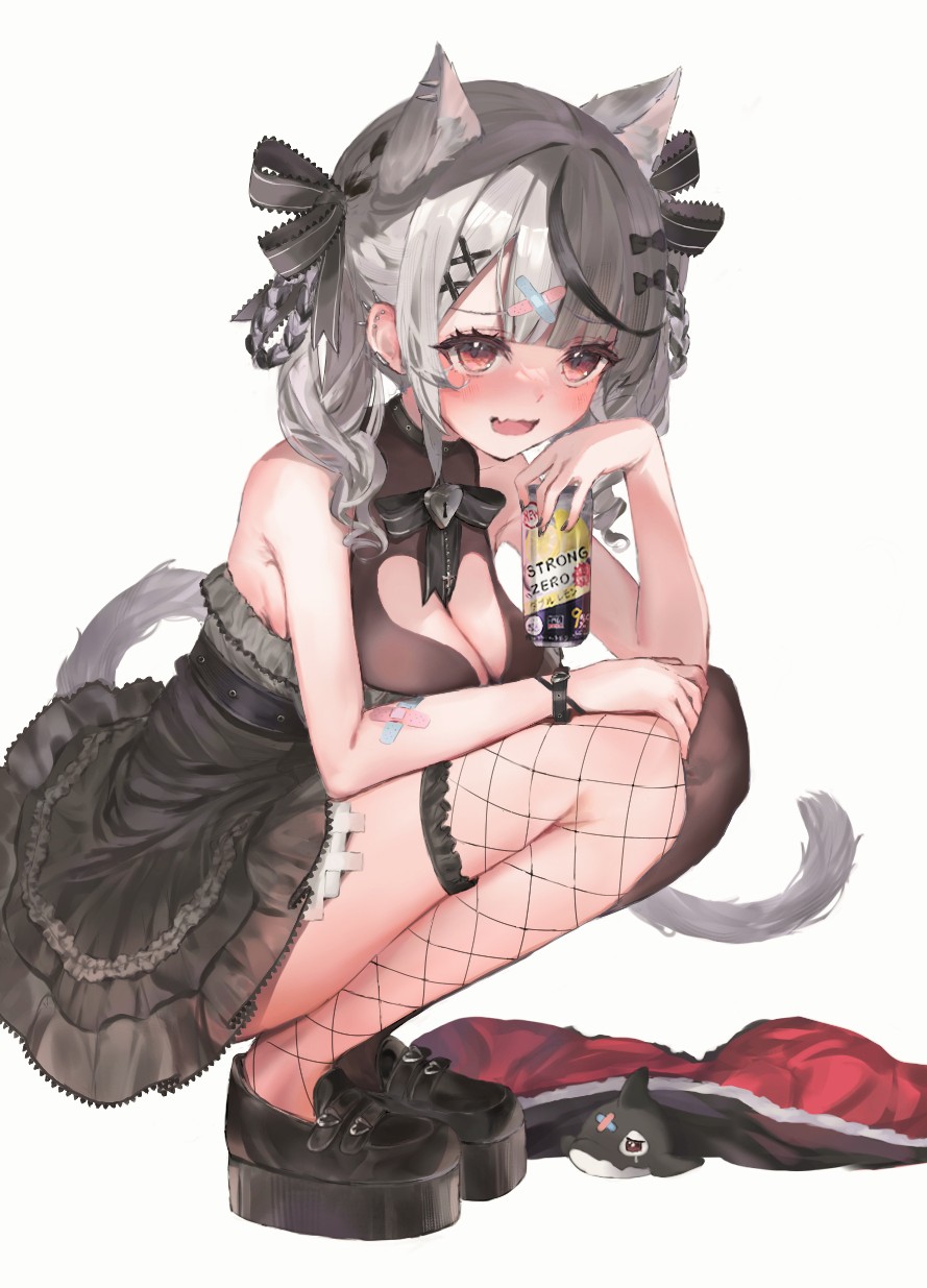 1girl, animal_ear_fluff, animal_ears, asymmetrical_legwear, awaken_fuuta, bandaid, bandaid_hair_ornament, bare_shoulders
