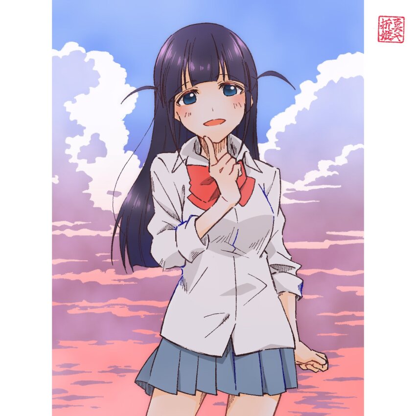 1girl, arm_at_side, artist_name, black_hair, blue_eyes, blue_sky, blunt_bangs, blunt_ends