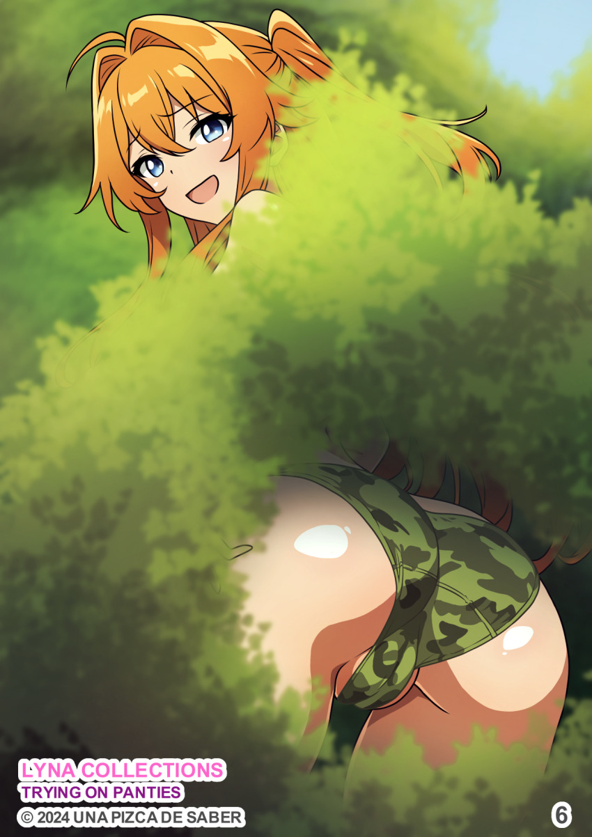 ahoge, anime_coloring, ass, blue_eyes, blurry, blurry_background, blurry_foreground, bush