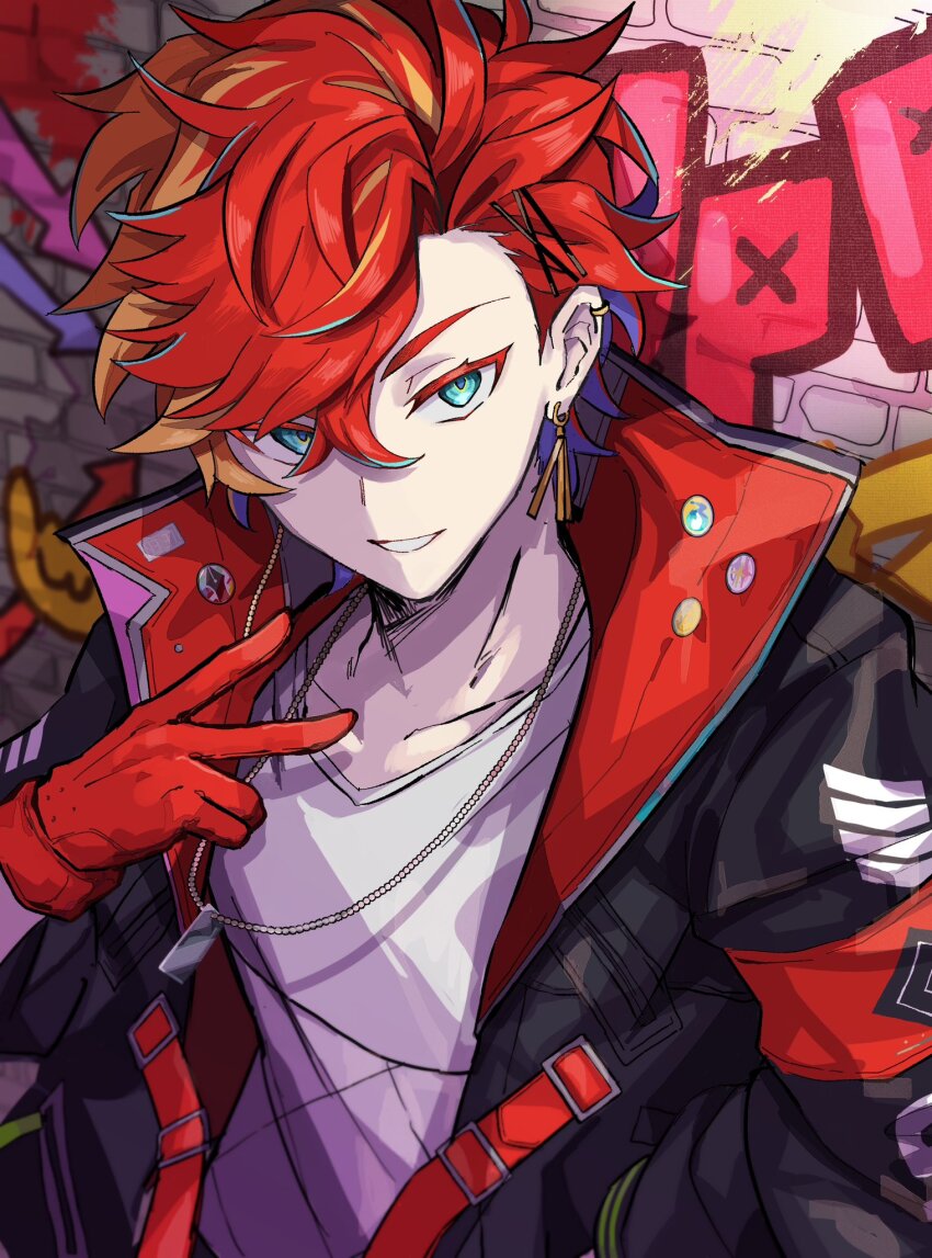 1boy, against_wall, aqua_eyes, armband, asymmetrical_bangs, badge, belt, black_jacket