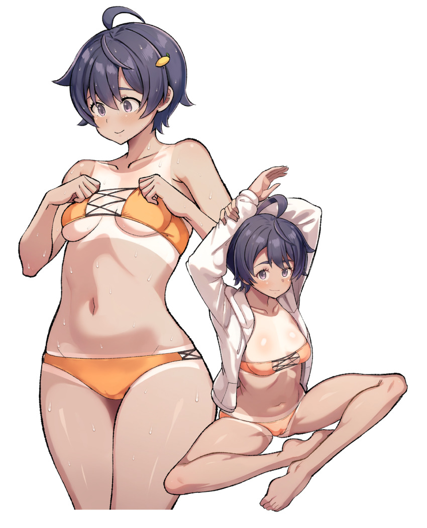 1girl, adjusting_clothes, adjusting_swimsuit, ahoge, arms_up, barefoot, bikini, black_hair, breasts, cameltoe, closed_mouth, collarbone, food-themed_hair_ornament, full_body, hair_ornament, highres, jacket, lemon_hair_ornament, long_sleeves, looking_at_viewer, make_heroine_ga_oo_sugiru!, multiple_views, navel, norakuro_nero, open_clothes, open_jacket, purple_eyes, simple_background, sitting, small_breasts, spread_legs, strapless, strapless_bikini, swimsuit, tan, tanline, thighs, white_background, white_jacket, yakishio_lemon, yellow_bikini