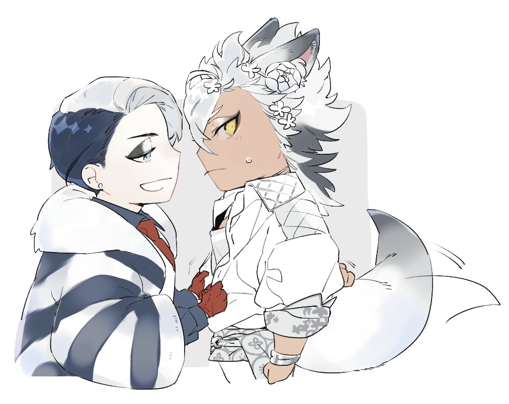 2boys, animal_ears, averting_eyes, blue_eyes, coat, commentary_request, deformed, divus_crewel