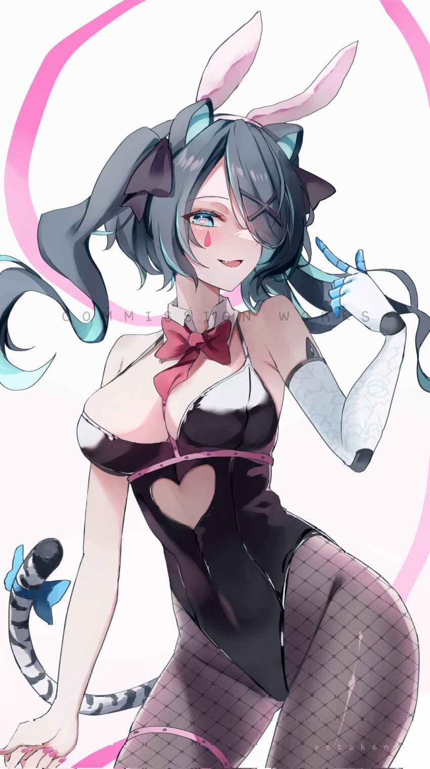 1girl, animal_ears, artist_name, between_breasts, black_hair, black_leotard, black_ribbon, blue_bow