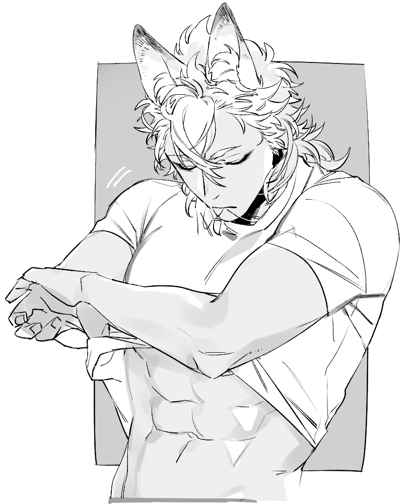 1boy, abs, animal_ear_fluff, animal_ears, closed_eyes, clothes_lift, commentary_request, grey_background