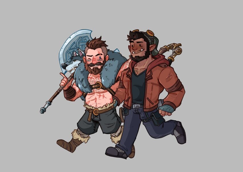 2boys, allo_art, axe, bara, battle_axe, beard, bush, couple, dark-skinned_male, dark_skin, deformed, facial_hair, full_beard, full_body, hairy, highres, jacket, male_focus, mature_male, multiple_boys, muscular, muscular_male, mustache, one_eye_closed, original, pectoral_cleavage, pectorals, pointing, smile, solid_circle_eyes, thick_beard, thick_eyebrows, thick_mustache, tusks, viking, weapon, yaoi