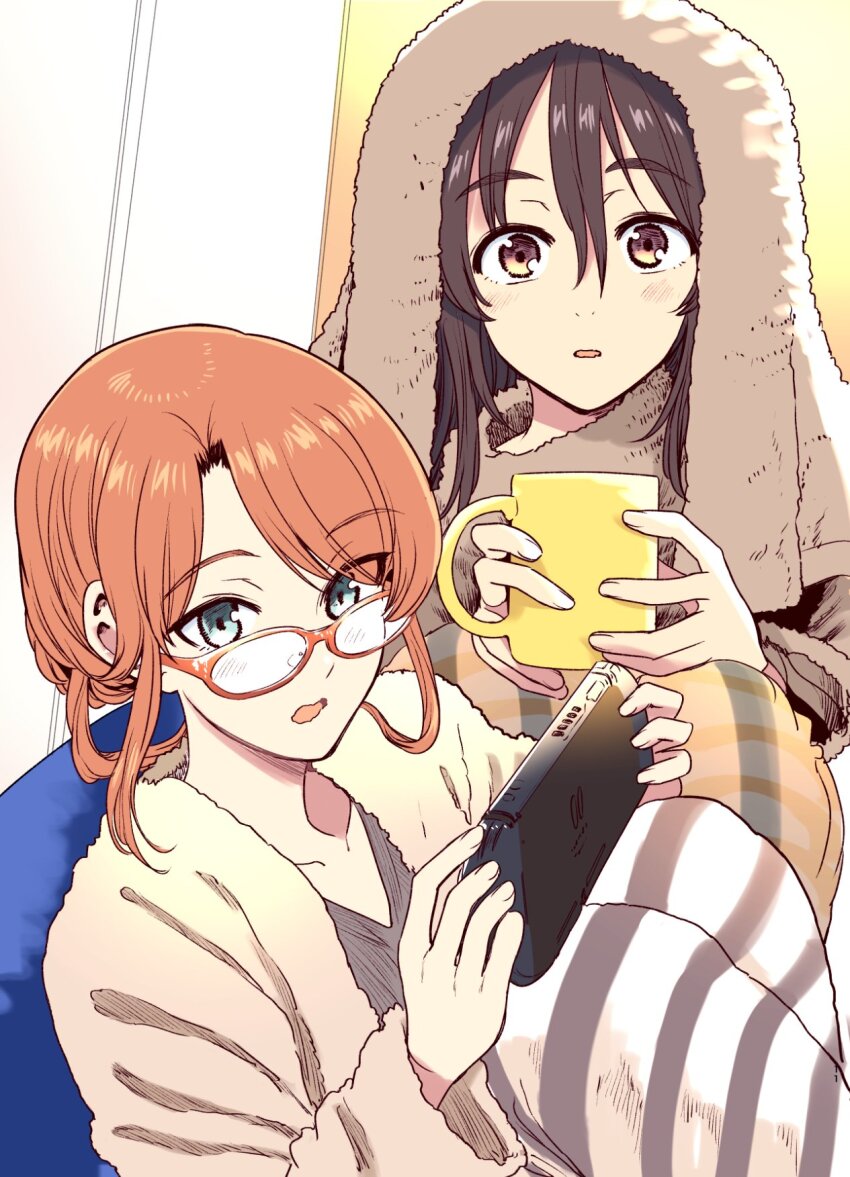 2girls, aqua_eyes, bathrobe, blush, bonkara_(sokuseki_maou), brown_eyes, brown_hair, casual