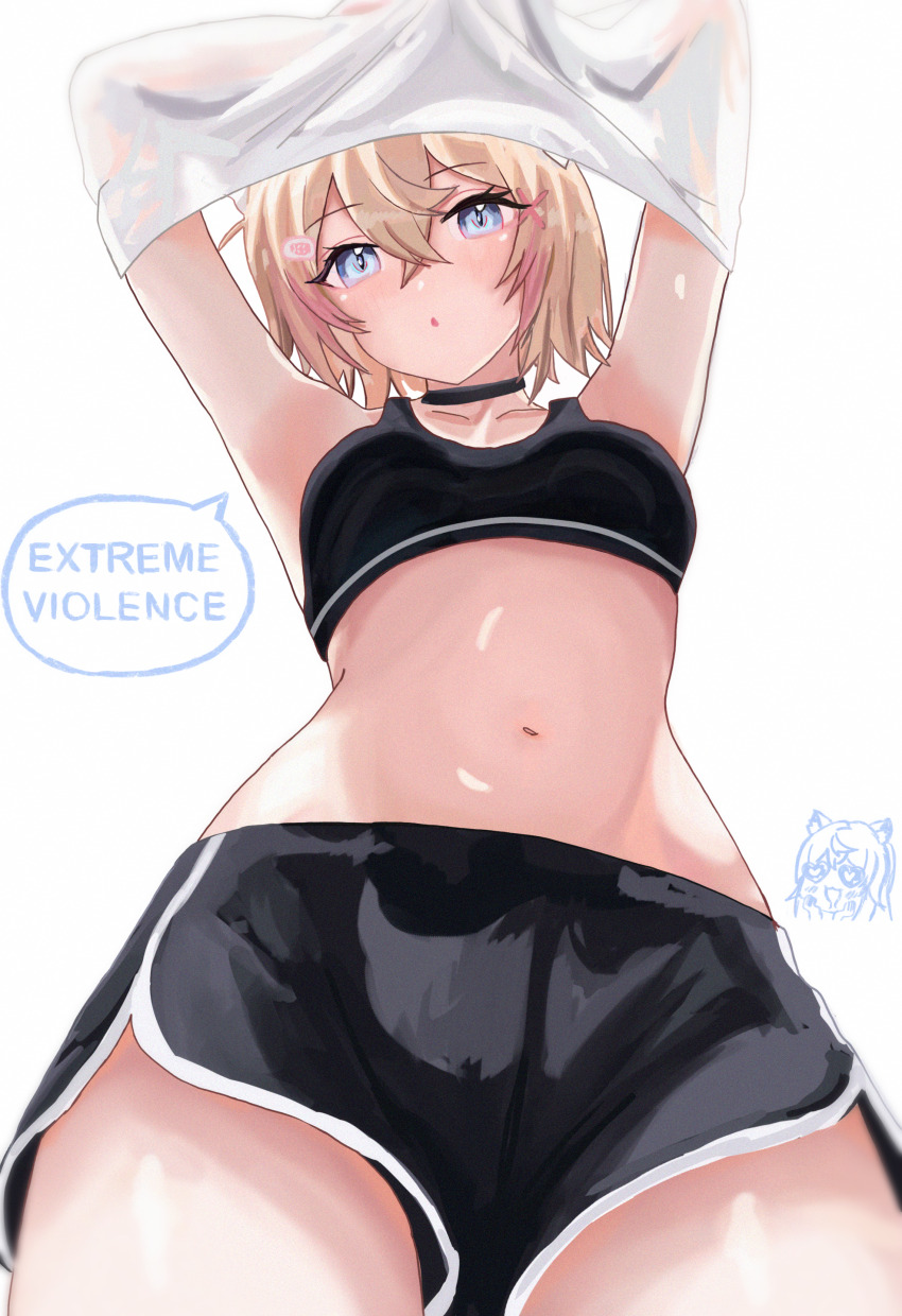 2girls, :o, absurdres, alternate_costume, armpits, arms_up, bandaid, bandaid_hair_ornament, black_choker, black_shorts, black_sports_bra, blonde_hair, blue_eyes, chestnut_mouth, choker, collarbone, commentary, crossed_bangs, dolphin_shorts, english_commentary, from_below, fuwawa_abyssgard, hair_between_eyes, hair_ornament, heart, heart-shaped_eyes, highres, hololive, hololive_english, looking_at_viewer, mococo_abyssgard, multicolored_eyes, multicolored_hair, multiple_girls, napat, navel, shirt, short_hair, shorts, sidelocks, simple_background, siscon, solo_focus, speech_bubble, sports_bra, streaked_hair, thighs, undressing, virtual_youtuber, white_background, white_shirt, x_hair_ornament