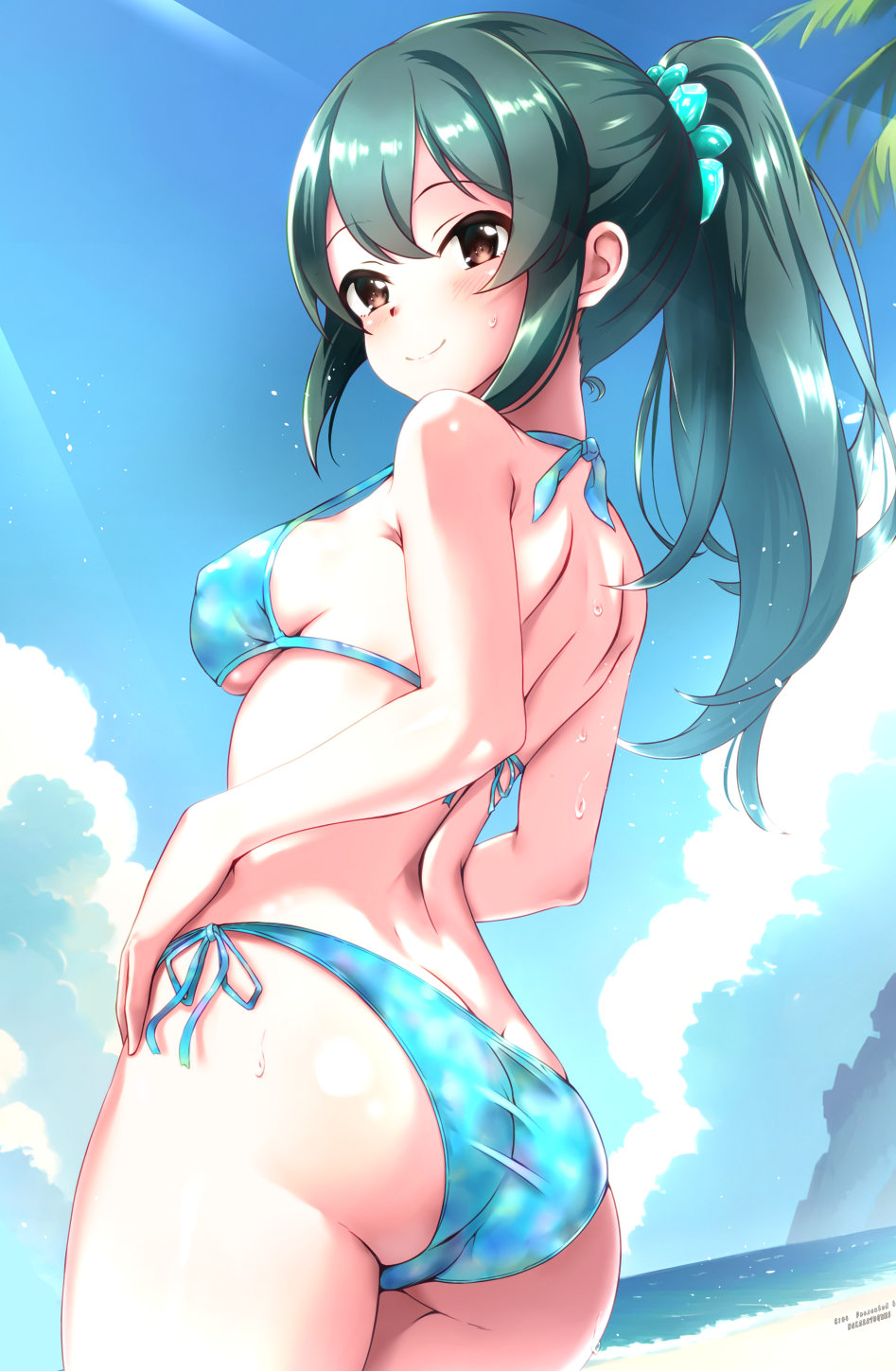 1girl, ass, beach, bikini, blue_sky, breasts, brown_eyes, butt_crack, cloud, cowboy_shot, day, from_behind, green_hair, highres, horizon, idolmaster, idolmaster_cinderella_girls, kumichou_(nakasato-gumi), long_hair, looking_at_viewer, medium_breasts, ocean, ohishi_izumi, outdoors, side-tie_bikini_bottom, sky, solo, swimsuit