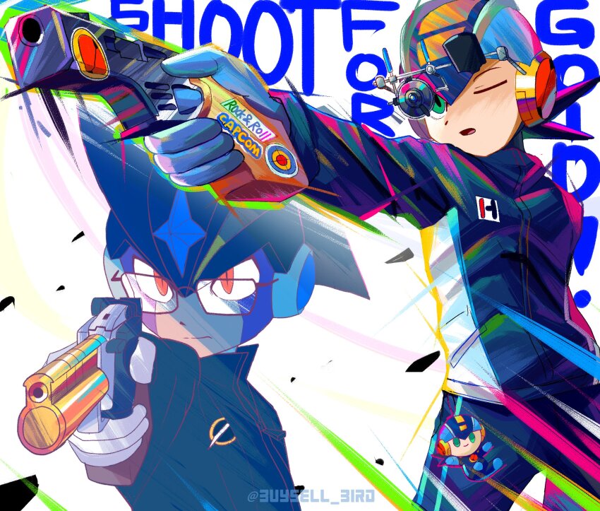 2024_summer_olympics, 2boys, bass.exe_(mega_man), black_helmet, black_jacket, blue_helmet, buysell_bird, english_text, glasses, green_eyes, gun, helmet, highres, holding, holding_gun, holding_weapon, jacket, kim_yeji, male_focus, mega_man_(series), mega_man_battle_network_(series), megaman.exe, multiple_boys, olympics, red_eyes, sketch, twitter_username, weapon, yusuf_dikec, yusuf_dikec_(meme)