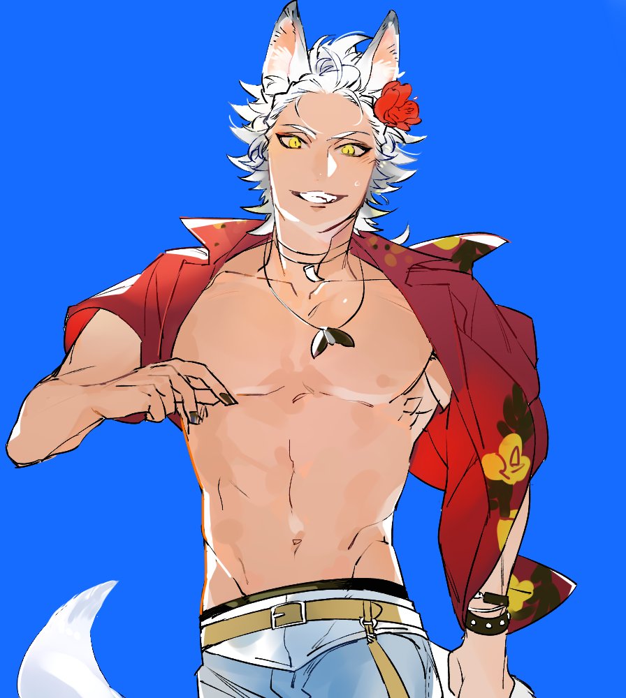 1boy, animal_ear_fluff, animal_ears, blue_background, commentary_request, fang, grin, hawaiian_shirt, jack_howl, jack_howl_(tropical_wear), looking_at_viewer, male_focus, open_clothes, open_shirt, red_shirt, shi646, shirt, simple_background, smile, solo, tail, toned, toned_male, twisted_wonderland, upper_body, white_hair, wolf_boy, wolf_ears, wolf_tail, yellow_eyes