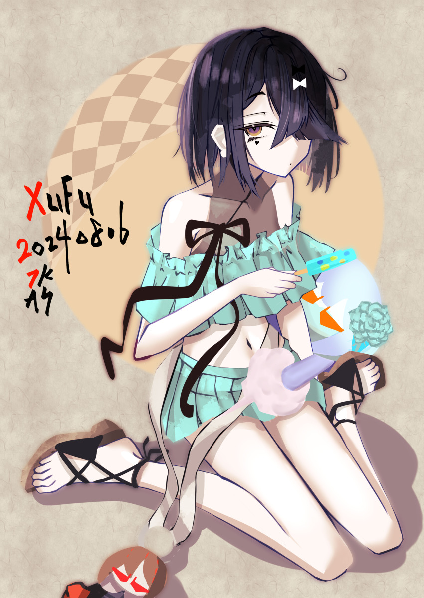 1girl, absurdres, aqua_bikini, bare_shoulders, bikini, black_hair, breasts, brown_eyes