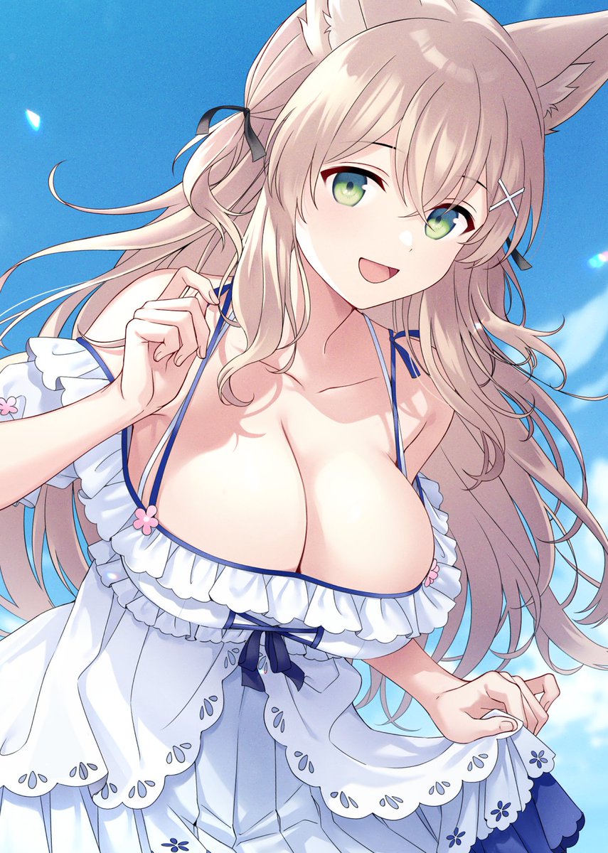 1girl, animal_ear_fluff, animal_ears, aruma_(goma), black_ribbon, blonde_hair, blue_sky, breasts