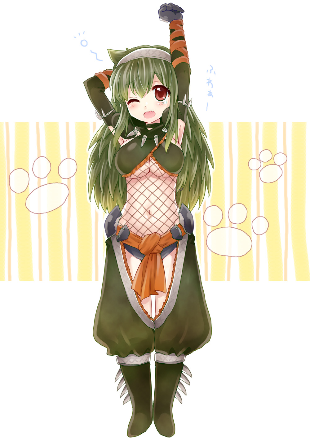 1girl, alternate_color, arm_up, breasts, capcom, cropped_legs, fang, female_focus, fishnets, green_hair, green_nargacuga_(armor), highres, long_hair, monster_hunter_(series), monster_hunter_portable_3rd, nargacuga_(armor), navel, one_eye_closed, red_eyes, solo, stretching, underboob, wink, yawning, yui_(prasticgirl), yui_(spica)