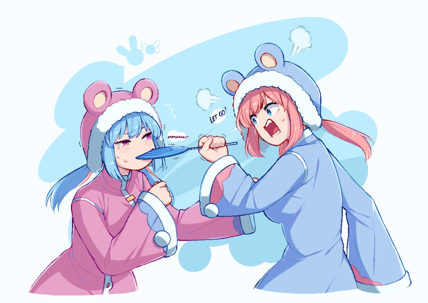 2girls, angry, animal_hood, bear_hood, blue_coat, blue_eyes, blue_hair, candy