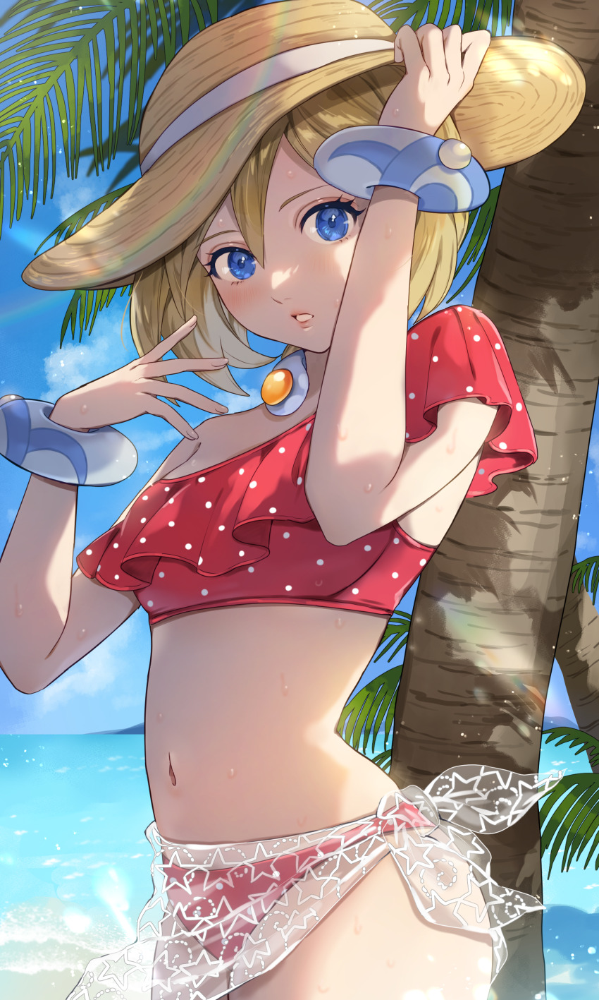 1girl, absurdres, alternate_costume, bikini, blonde_hair, blue_eyes, bracelet, breasts