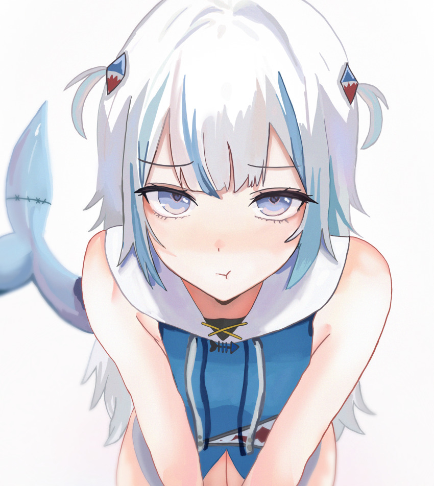 1girl, absurdres, adapted_costume, bare_arms, bare_shoulders, blue_eyes, blue_hair, blue_hoodie