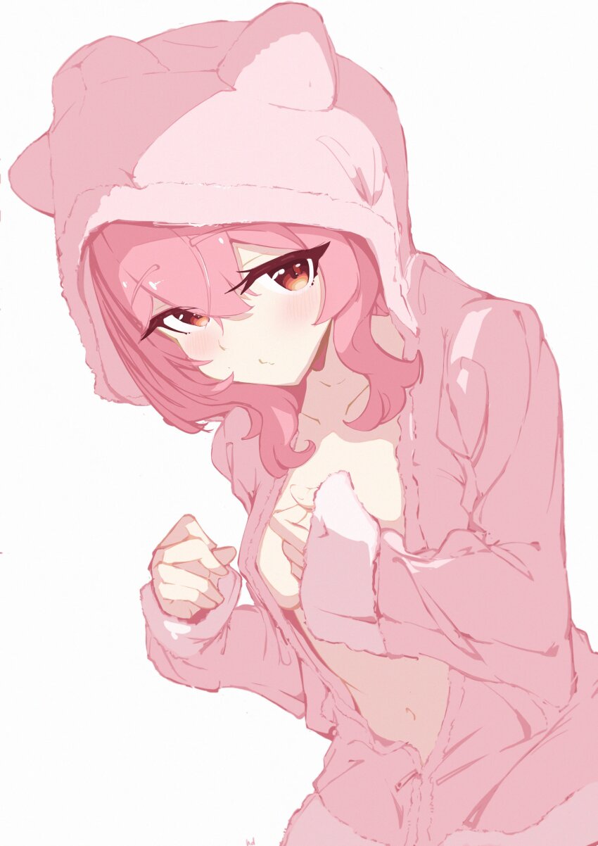 1girl, absurdres, blush, breasts, hair_between_eyes, hdukl, highres, hood, hoodie, long_sleeves, medium_hair, navel, nijisanji, nijisanji_en, no_bra, open_clothes, open_hoodie, pig_hood, pink_hair, pink_hoodie, pursed_lips, red_eyes, rosemi_lovelock, simple_background, sleepwear, sleeves_past_wrists, small_breasts, solo, virtual_youtuber, white_background