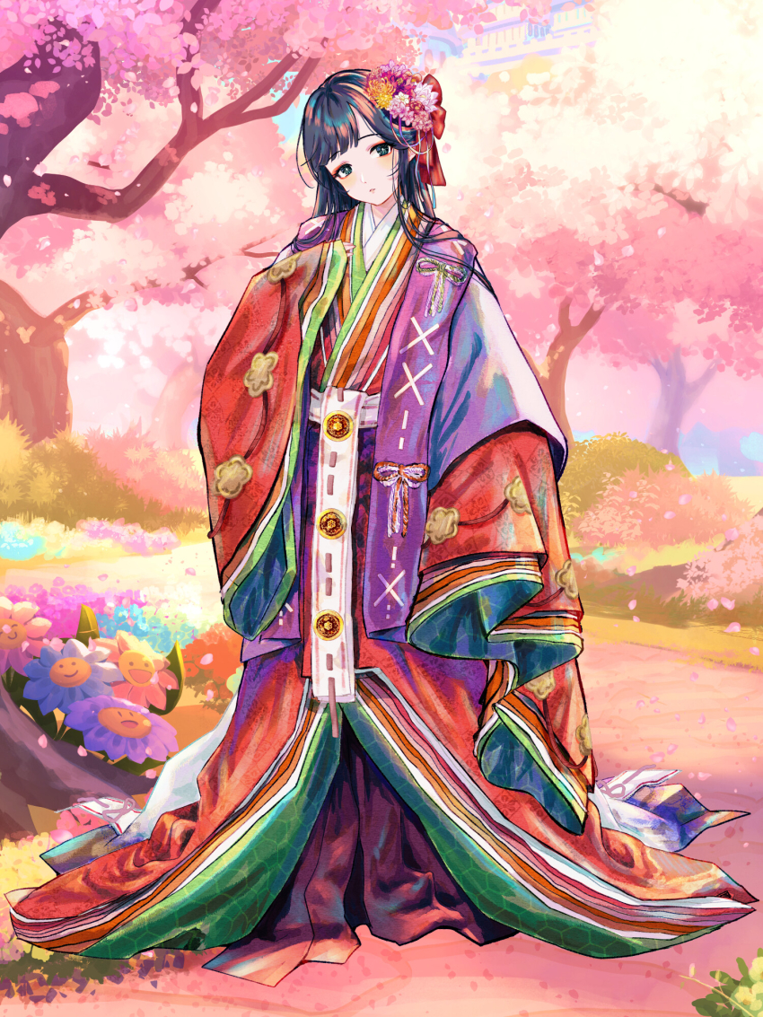 1girl, arm_at_side, black_hair, cherry_blossoms, closed_mouth, dairoku_ryouhei, female_focus, flower