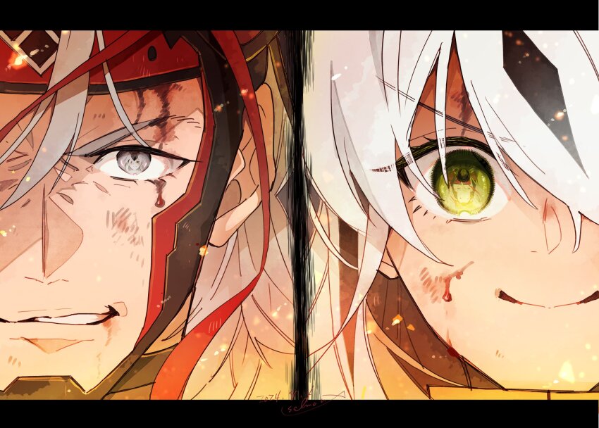 1boy, 1girl, armor, black_hair, blood, blood_from_forehead, blood_on_face, eye_reflection