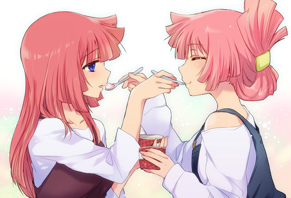 10s, 2girls, blue_eyes, closed_eyes, eating, feeding, food, happy