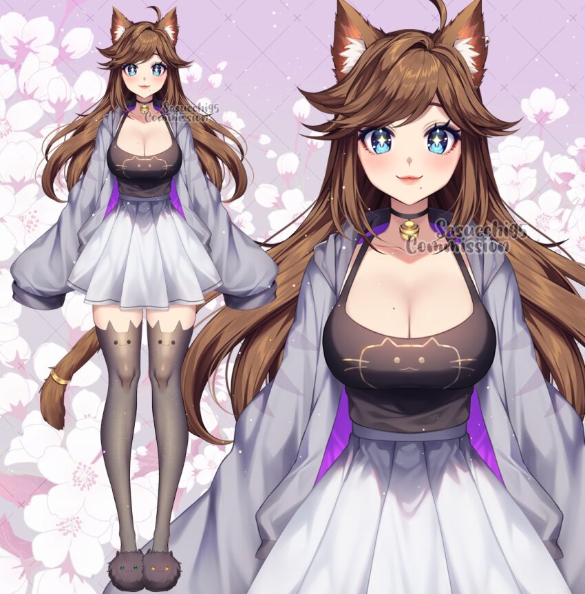 +_+, 1girl, :3, ahoge, animal_ear_fluff, animal_ears, animal_print, animal_slippers