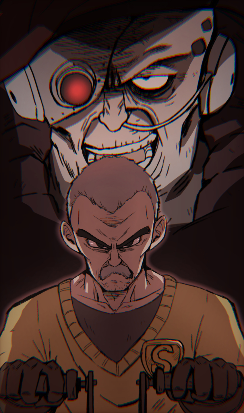 2boys, absurdres, beard_stubble, black_eyes, breathing_tube, brown_gloves, brown_shirt, chiro_illust