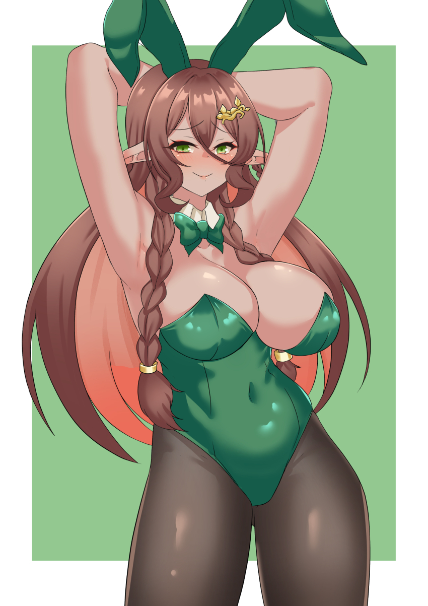 1girl, animal_ears, armpits, black_pantyhose, blush, bow, bowtie, breasts