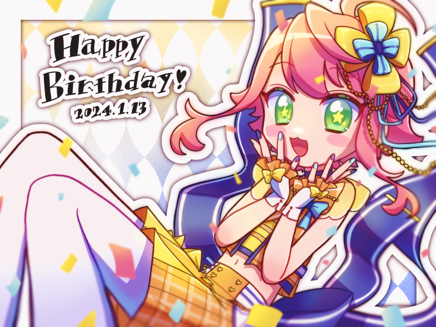 1boy, 2024, :3, argyle_background, blurry, blush_stickers, confetti, dated, deformed, depth_of_field, ensemble_stars!, fingerless_gloves, frilled_gloves, frills, gloves, green_eyes, happy_birthday, highres, himemiya_tori, himemiya_tori_(party), knees_up, makaroni_(makaroni_prpr), male_focus, midriff, navel, no_nose, outside_border, reclining, solo, star-shaped_pupils, star_(symbol), symbol-shaped_pupils, trap, wind, yellow_pupils