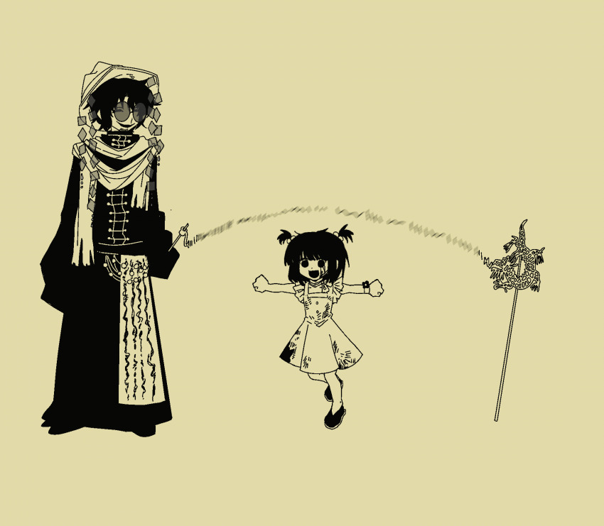 1boy, 1girl, animated, animated_gif, chinese_commentary, closed_eyes, coat, commentary_request, dress, full_body, hair_bobbles, hair_ornament, hat, highres, huai_huizhi, huai_yunqing, jump_rope, long_sleeves, monochrome, open_mouth, scarf, short_hair, short_twintails, simple_background, sleeveless, sleeveless_dress, sleeves_past_fingers, sleeves_past_wrists, smile, touqi_guaitan, twintails, waixingqiongguibot, yellow_background, yellow_theme