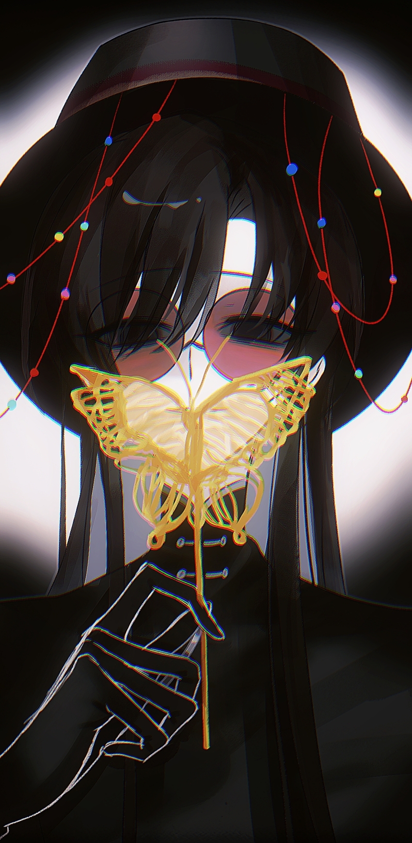 1boy, beads, black_eyes, black_gloves, black_hair, black_hat, black_shirt, chromatic_aberration