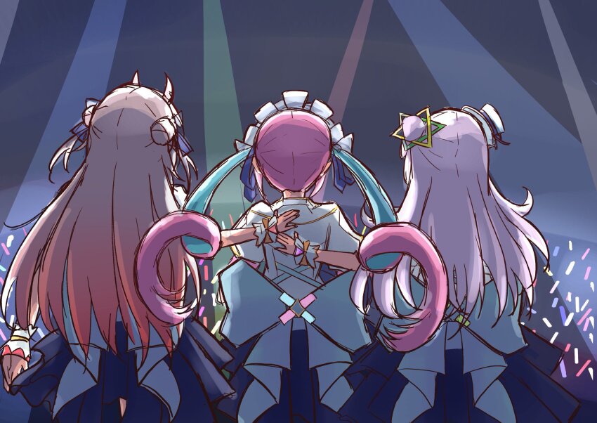 3girls, blue_hair, bow, commentary_request, concert, double_bun, from_behind, glowstick, gradient_hair, grey_hair, hair_bun, hand_on_another's_back, hat, hexagram_hair_ornament, highres, hololive, hololive_idol_uniform_(bright), horns, long_hair, minato_aqua, multicolored_hair, multiple_girls, murasaki_shion, nakiri_ayame, official_alternate_costume, oni, pink_hair, red_hair, tunakou27, two-tone_hair, virtual_youtuber, white_hair