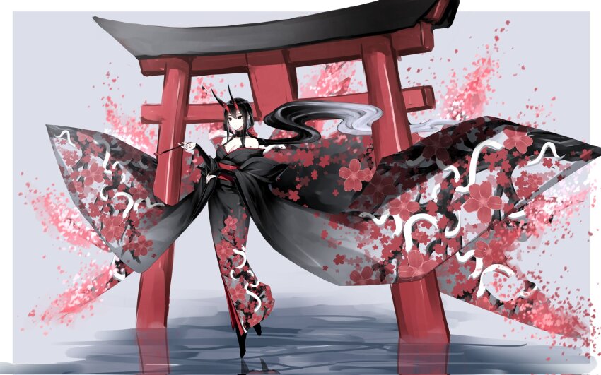 1girl, bare_shoulders, black_bridal_gauntlets, black_eyes, black_footwear, black_hair, black_horns, black_kimono