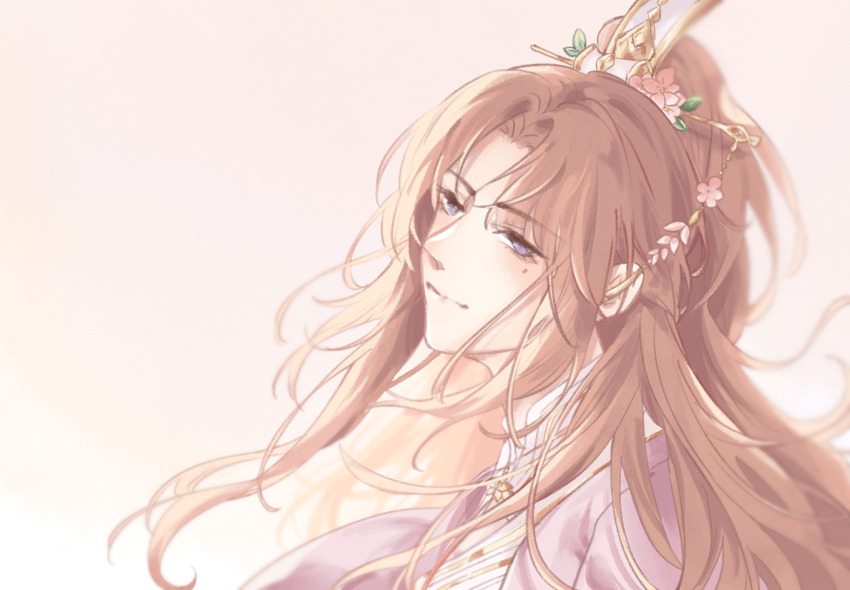 1boy, chinese_clothes, closed_mouth, coat, flower, from_side, hair_flower, hair_ornament